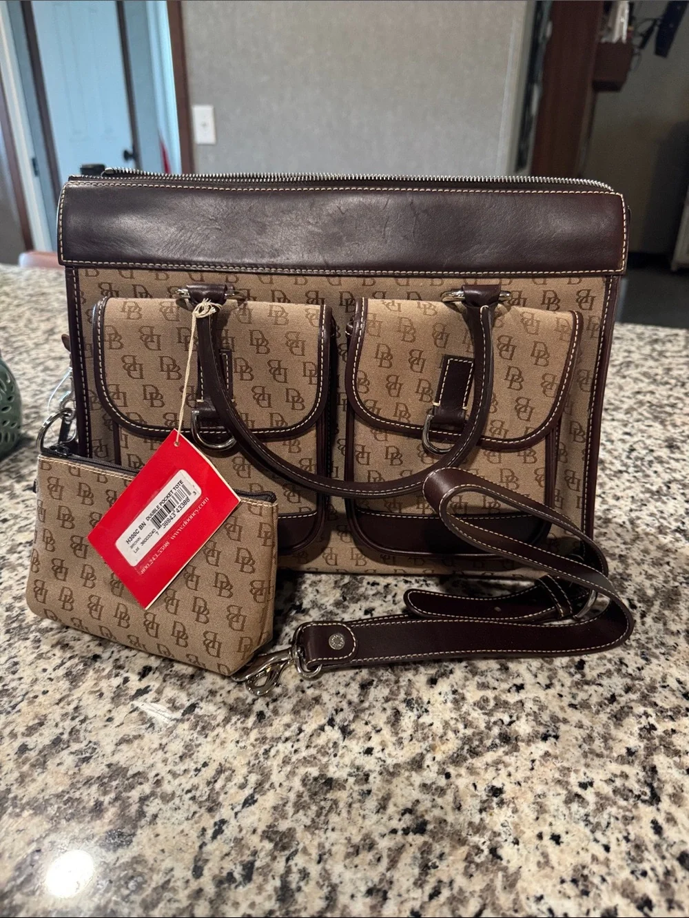 Dooney & Bourke Tan and Brown Signature Canvas Satchel with Front Pockets